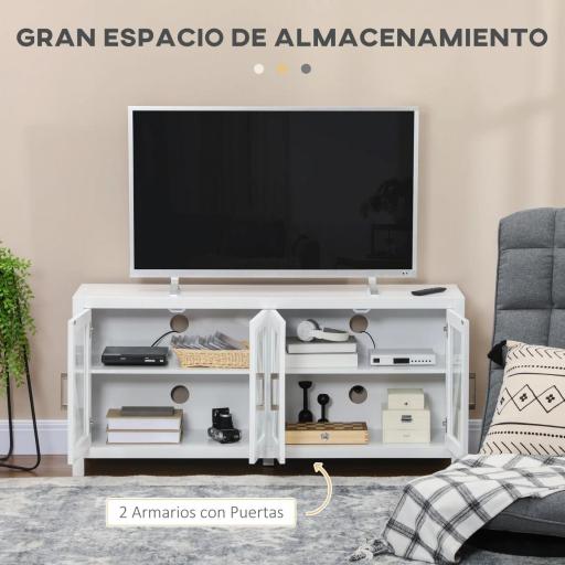Mueble TV de Salón Mesa para Televisores de hasta 58" con 4 Puertas de Vidrio Estantes Ajustables 130x35x60 cm Blanco [2]