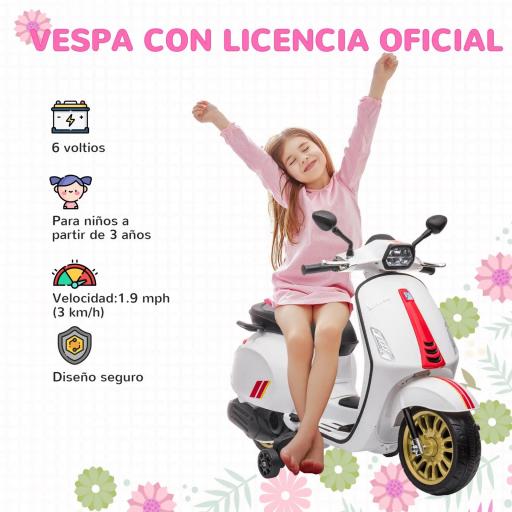 Moto Eléctrica para Niños de +3 Años con Licencia Vespa con USB MP3 Luz LED Radio FM Velocidad 3 km/h Carga 35kg Blanco [3]