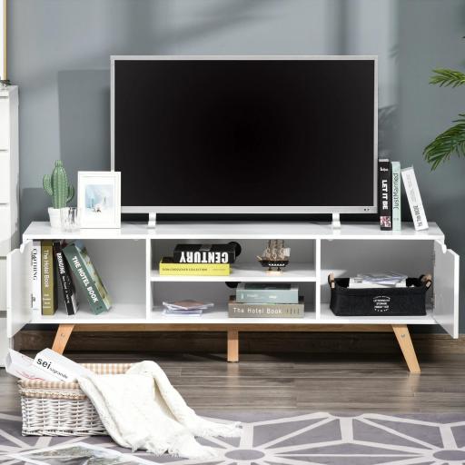 Mesa para Televisores de 65 Pulgadas Módulo TV con 2 Armarios 2 Estantes Abiertos y Patas de Madera 150x39x50 cm Blanco