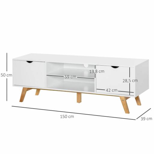 Mesa para Televisores de 65 Pulgadas Módulo TV con 2 Armarios 2 Estantes Abiertos y Patas de Madera 150x39x50 cm Blanco [1]