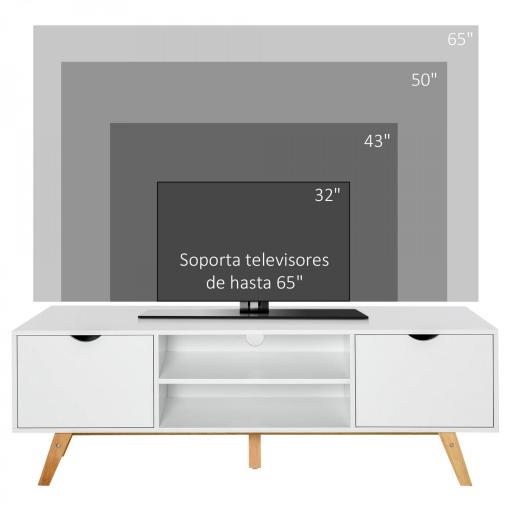 Mesa para Televisores de 65 Pulgadas Módulo TV con 2 Armarios 2 Estantes Abiertos y Patas de Madera 150x39x50 cm Blanco [2]