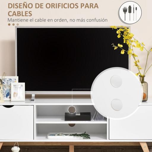Mesa para Televisores de 65 Pulgadas Módulo TV con 2 Armarios 2 Estantes Abiertos y Patas de Madera 150x39x50 cm Blanco [4]