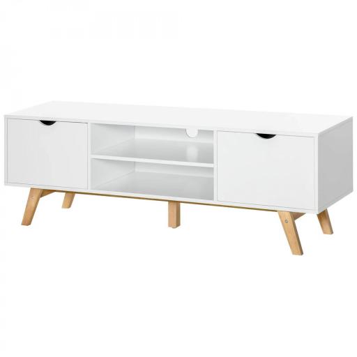 Mesa para Televisores de 65 Pulgadas Módulo TV con 2 Armarios 2 Estantes Abiertos y Patas de Madera 150x39x50 cm Blanco [9]
