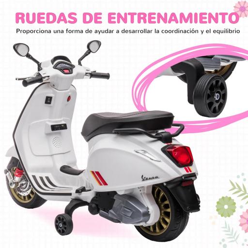 Moto Eléctrica para Niños de +3 Años con Licencia Vespa con USB MP3 Luz LED Radio FM Velocidad 3 km/h Carga 35kg Blanco [9]