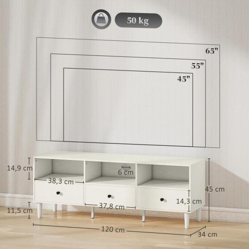 Mueble TV Compacto con 3 Cajones y 3 Compartimentos para TV de hasta 65 Pulgadas 120x34x45 cm Blanco [1]