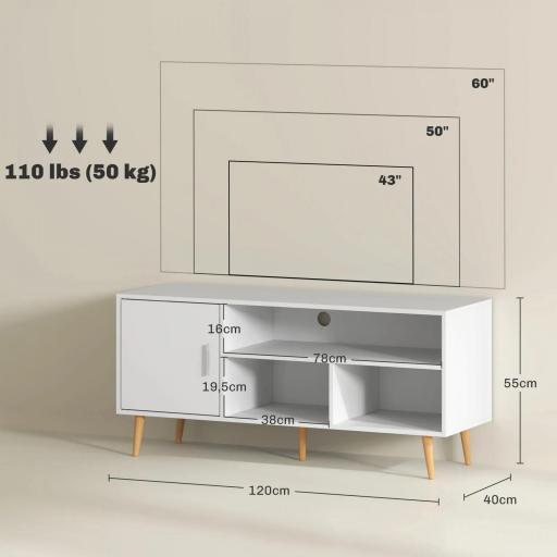 Mueble de TV para Televisores de hasta 60" Mesa para TV de Salón Comedor Moderna con Armario y 3 Compartimentos 120x40x55 cm Blanco [1]
