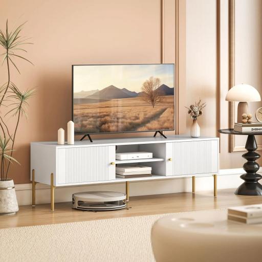 Mueble de TV Moderno con 2 Puertas 2 Estantes Abiertos Orificios Pasacables para TV 65 Pulgadas 140x38x45,9 cm Blanco