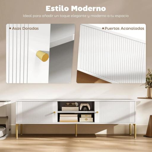 Mueble de TV Moderno con 2 Puertas 2 Estantes Abiertos Orificios Pasacables para TV 65 Pulgadas 140x38x45,9 cm Blanco [4]