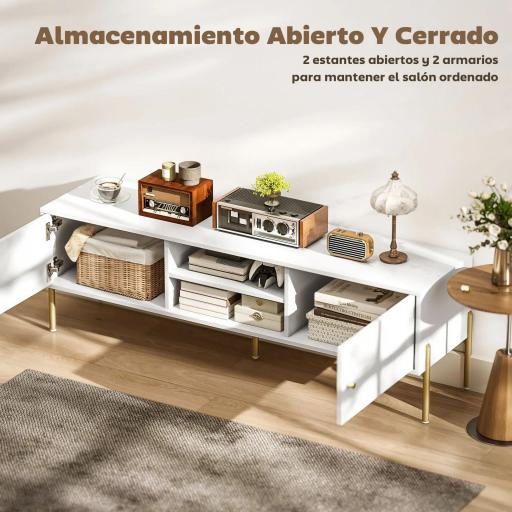 Mueble de TV Moderno con 2 Puertas 2 Estantes Abiertos Orificios Pasacables para TV 65 Pulgadas 140x38x45,9 cm Blanco [3]