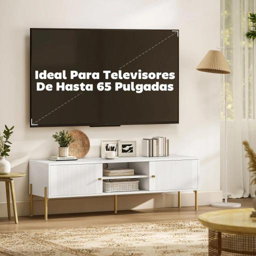 Mueble de TV Moderno con 2 Puertas 2 Estantes Abiertos Orificios Pasacables para TV 65 Pulgadas 140x38x45,9 cm Blanco [6]