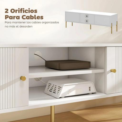 Mueble de TV Moderno con 2 Puertas 2 Estantes Abiertos Orificios Pasacables para TV 65 Pulgadas 140x38x45,9 cm Blanco [5]