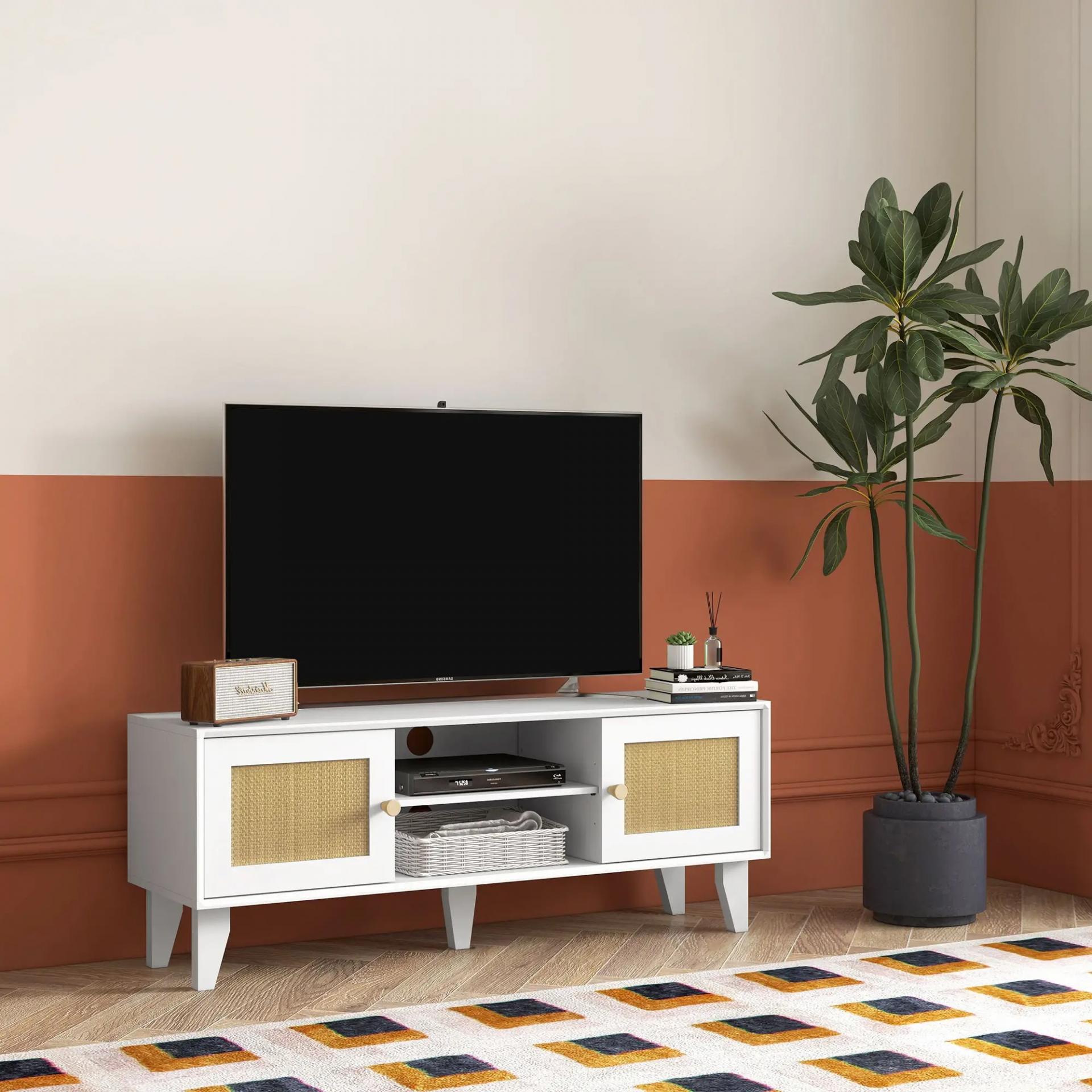 Mueble de TV de Salón Mesa para Televisores de hasta 55" con 2 Puertas de Ratán Estante Ajustable 120x35x46 cm Blanco