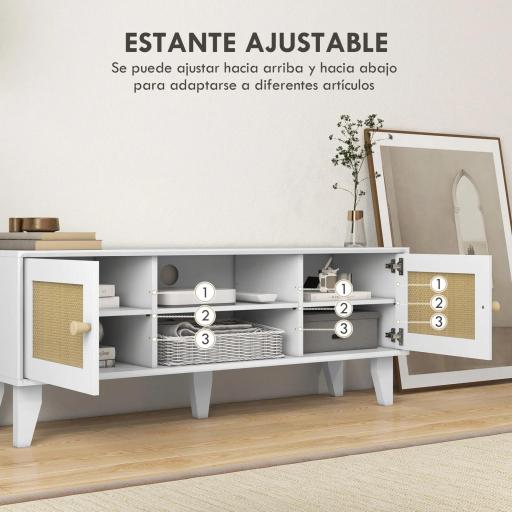 Mueble de TV de Salón Mesa para Televisores de hasta 55" con 2 Puertas de Ratán Estante Ajustable 120x35x46 cm Blanco [3]