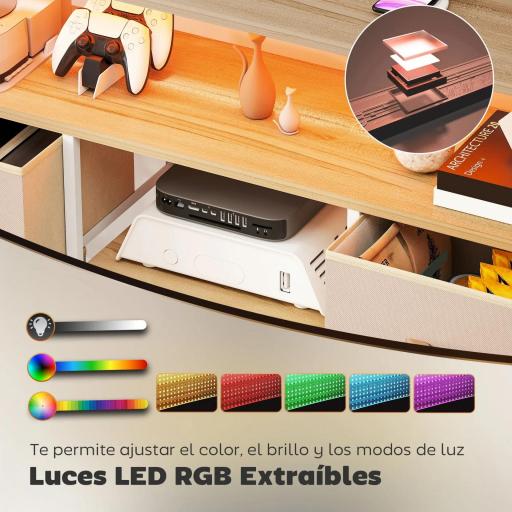 Mueble de TV con Luz LED y Enchufes Puertos USB Estantes Abiertos 4 Cajones plegables 120x30x67,5 cm Beige y Blanco [2]