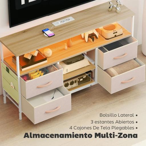 Mueble de TV con Luz LED y Enchufes Puertos USB Estantes Abiertos 4 Cajones plegables 120x30x67,5 cm Beige y Blanco [4]