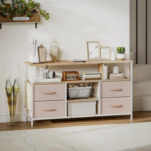Mueble de TV con Luz LED y Enchufes Puertos USB Estantes Abiertos 4 Cajones plegables 120x30x67,5 cm Beige y Blanco [7]