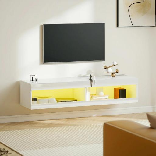 Mueble de TV Suspendido con Luces LED con Control Remoto Compartimentos Orificios Pasacables 140x40x30 cm Blanco Brillo [0]