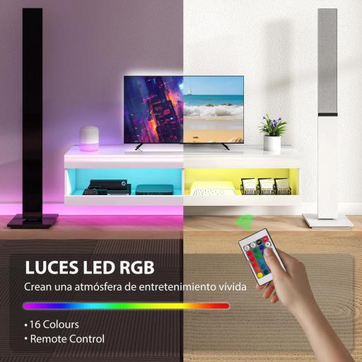 Mueble de TV Suspendido con Luces LED con Control Remoto Compartimentos Orificios Pasacables 140x40x30 cm Blanco Brillo [6]