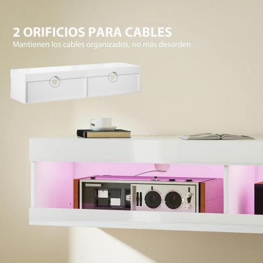 Mueble de TV Suspendido con Luces LED con Control Remoto Compartimentos Orificios Pasacables 140x40x30 cm Blanco Brillo [2]
