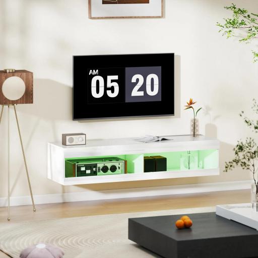 Mueble de TV Suspendido con Luces LED con Control Remoto Compartimentos Orificios Pasacables 140x40x30 cm Blanco Brillo [7]