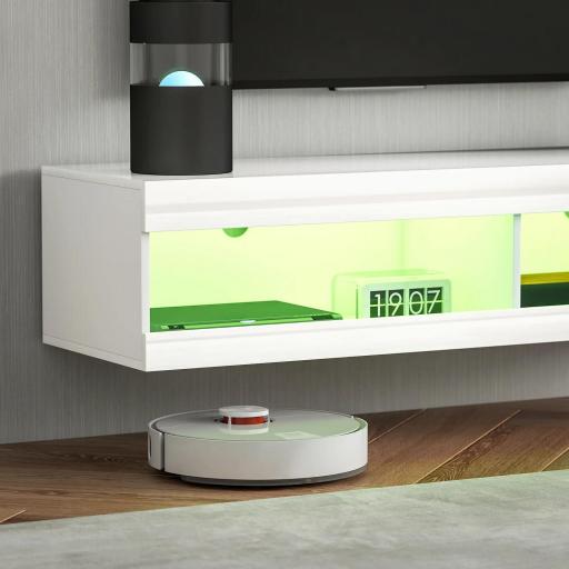 Mueble de TV Suspendido con Luces LED con Control Remoto Compartimentos Orificios Pasacables 140x40x30 cm Blanco Brillo [3]