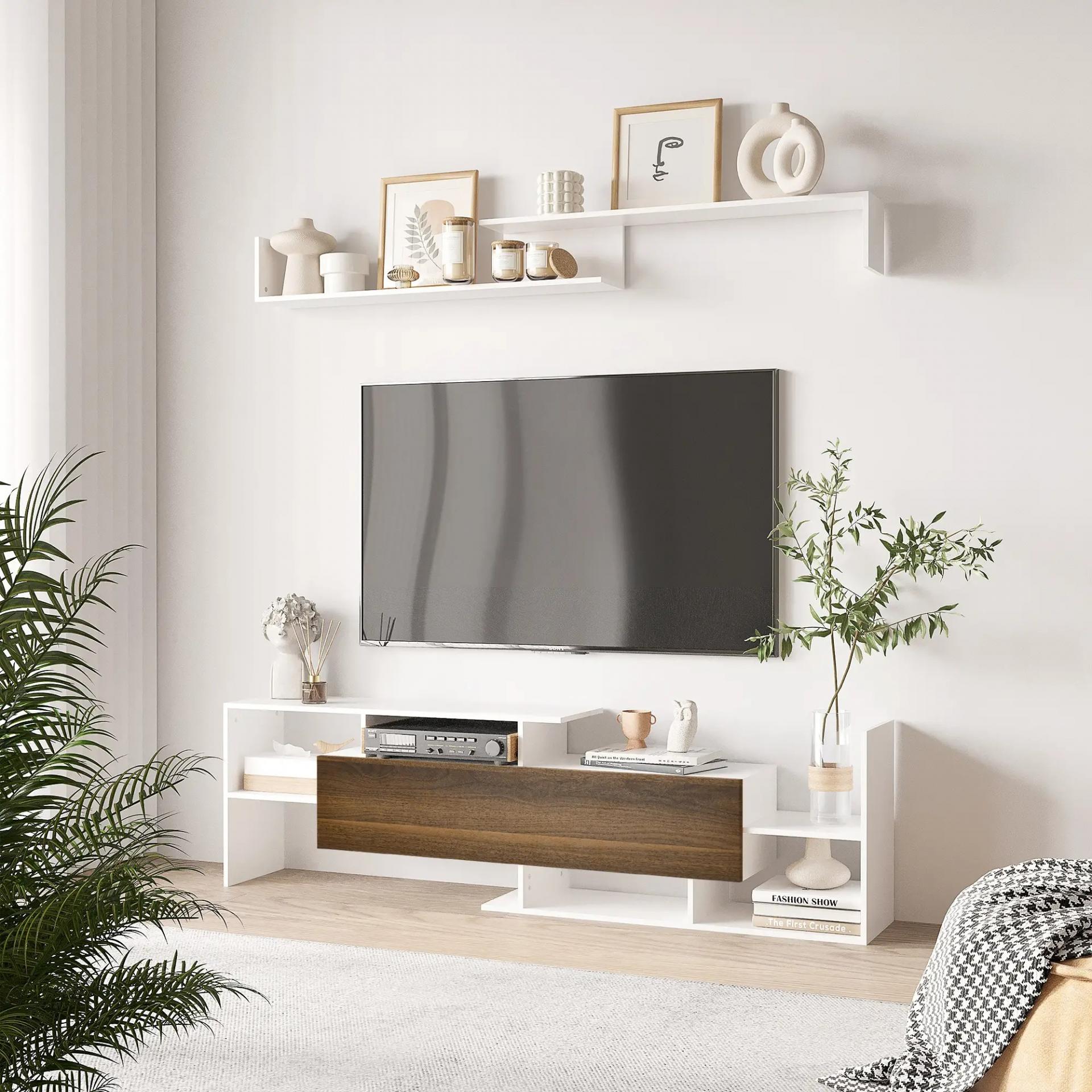 Conjunto Muebles de Salón con Mesa para Televisor 153,6x25x42 cm y Estante de Pared 150x14,5x16,3 cm Blanco y Marrón
