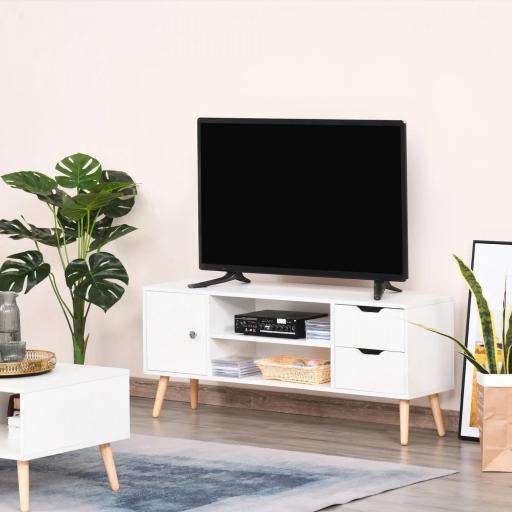 Mueble de TV para Televisiones de 50" Mesa de Salón con Puerta 2 Estantes Abiertos y 2 Cajones 120x28x44 cm Blanco