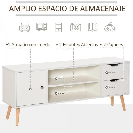 Mueble de TV para Televisiones de 50" Mesa de Salón con Puerta 2 Estantes Abiertos y 2 Cajones 120x28x44 cm Blanco [8]