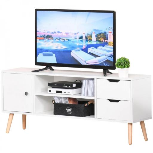 Mueble de TV para Televisiones de 50" Mesa de Salón con Puerta 2 Estantes Abiertos y 2 Cajones 120x28x44 cm Blanco [3]