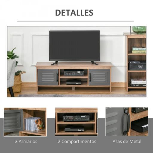 Mueble de TV para Televisores de 42" con 2 Compartimentos Cerrados con Puertas de Metal y 2 Estantes Abiertos Mueble de salón moderno Mesa para televisor 109x35x38 cm Madera Natural y Gris [4]