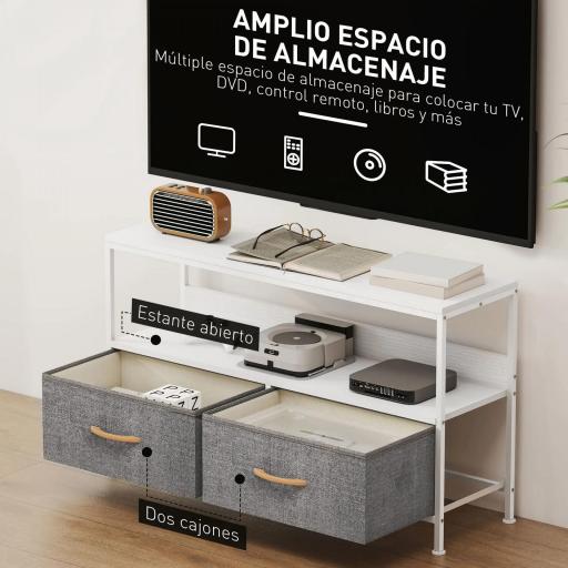 Mueble de TV con Estante y 2 Cajones de Tela Plegables para Televisores hasta 47 Pulgadas Largo de 98 cm Blanco y Gris [7]