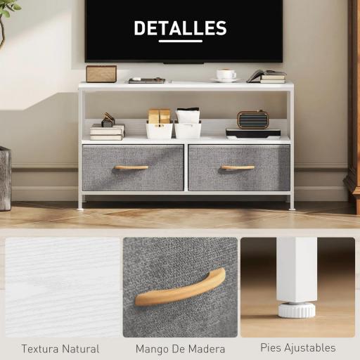 Mueble de TV con Estante y 2 Cajones de Tela Plegables para Televisores hasta 47 Pulgadas Largo de 98 cm Blanco y Gris [3]