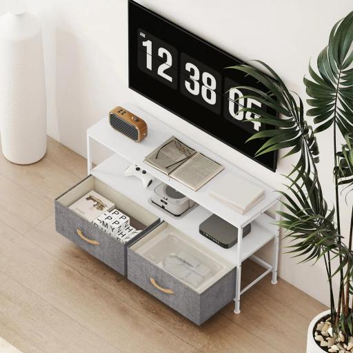 Mueble de TV con Estante y 2 Cajones de Tela Plegables para Televisores hasta 47 Pulgadas Largo de 98 cm Blanco y Gris [9]