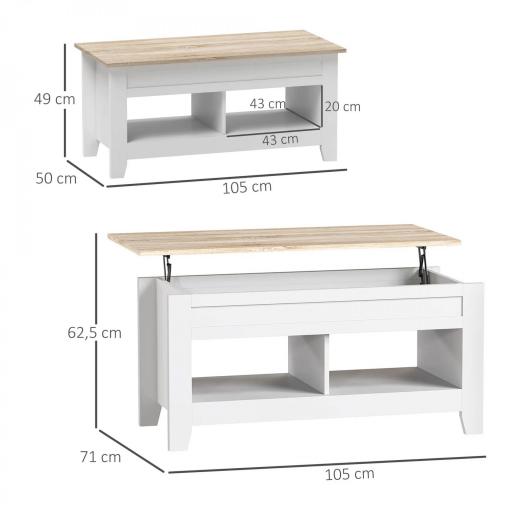 Mesa de Centro Elevable con Encimera Elevable y Espacio Oculto de Almacenaje 105x50x49 cm Blanco y Natural [1]