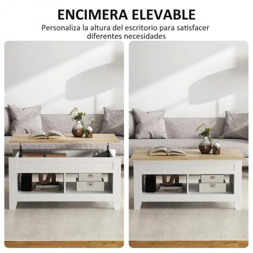 Mesa de Centro Elevable con Encimera Elevable y Espacio Oculto de Almacenaje 105x50x49 cm Blanco y Natural [3]