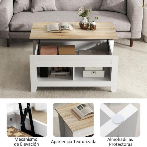 Mesa de Centro Elevable con Encimera Elevable y Espacio Oculto de Almacenaje 105x50x49 cm Blanco y Natural [6]