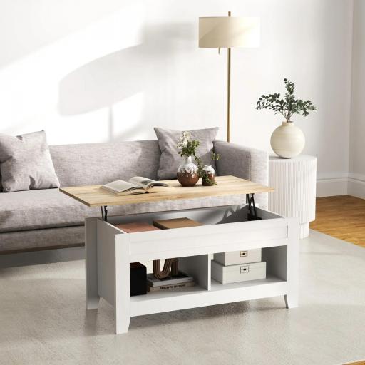 Mesa de Centro Elevable con Encimera Elevable y Espacio Oculto de Almacenaje 105x50x49 cm Blanco y Natural [7]
