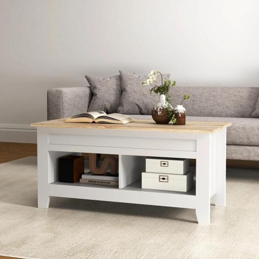 Mesa de Centro Elevable con Encimera Elevable y Espacio Oculto de Almacenaje 105x50x49 cm Blanco y Natural [9]