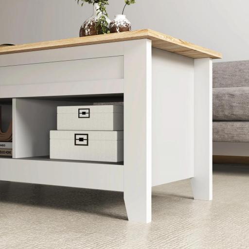 Mesa de Centro Elevable con Encimera Elevable y Espacio Oculto de Almacenaje 105x50x49 cm Blanco y Natural [2]