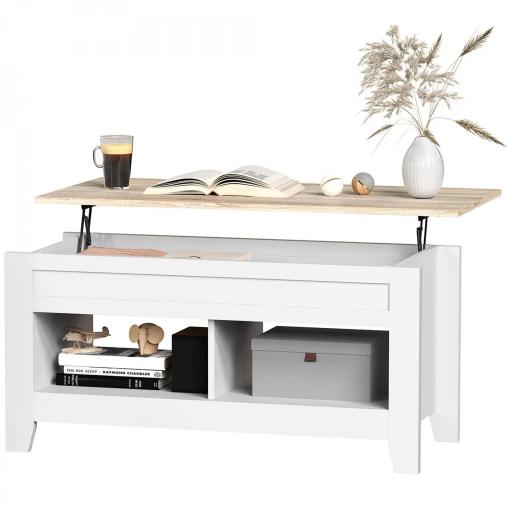 Mesa de Centro Elevable con Encimera Elevable y Espacio Oculto de Almacenaje 105x50x49 cm Blanco y Natural [4]