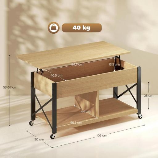 Mesa de Centro Elevable con Ruedas Mesa de Salón con Compartimento Oculto Estantes Abiertos Madera Natural y Blanco [1]
