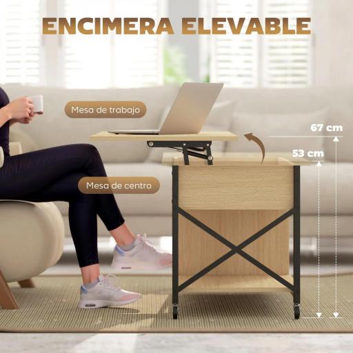 Mesa de Centro Elevable con Ruedas Mesa de Salón con Compartimento Oculto Estantes Abiertos Madera Natural y Blanco [2]