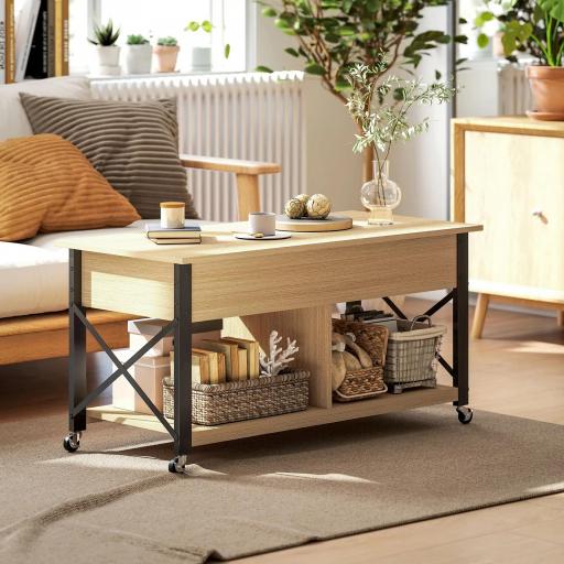Mesa de Centro Elevable con Ruedas Mesa de Salón con Compartimento Oculto Estantes Abiertos Madera Natural y Blanco [5]