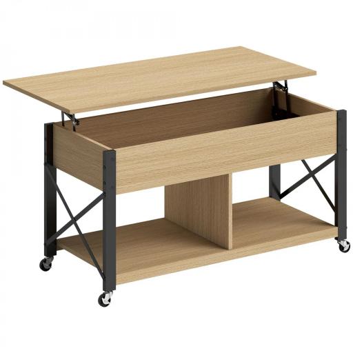 Mesa de Centro Elevable con Ruedas Mesa de Salón con Compartimento Oculto Estantes Abiertos Madera Natural y Blanco [9]