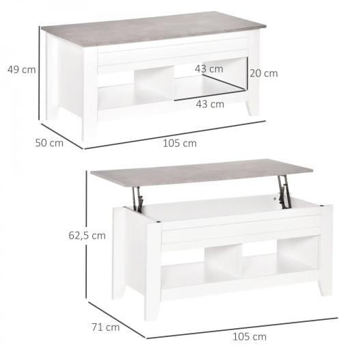 Mesa de Centro Elevable Mesa de Café con Encimera Elevable 2 Compartimentos Abiertos y Espacio Oculto de Almacenaje 105x50x49 cm Blanco y Efecto Mármol [1]