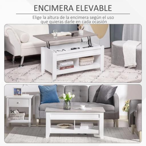 Mesa de Centro Elevable Mesa de Café con Encimera Elevable 2 Compartimentos Abiertos y Espacio Oculto de Almacenaje 105x50x49 cm Blanco y Efecto Mármol [6]