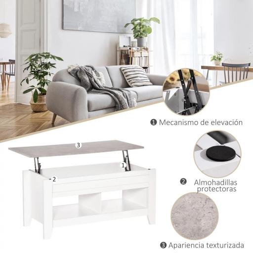 Mesa de Centro Elevable Mesa de Café con Encimera Elevable 2 Compartimentos Abiertos y Espacio Oculto de Almacenaje 105x50x49 cm Blanco y Efecto Mármol [4]