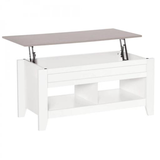 Mesa de Centro Elevable Mesa de Café con Encimera Elevable 2 Compartimentos Abiertos y Espacio Oculto de Almacenaje 105x50x49 cm Blanco y Efecto Mármol [9]