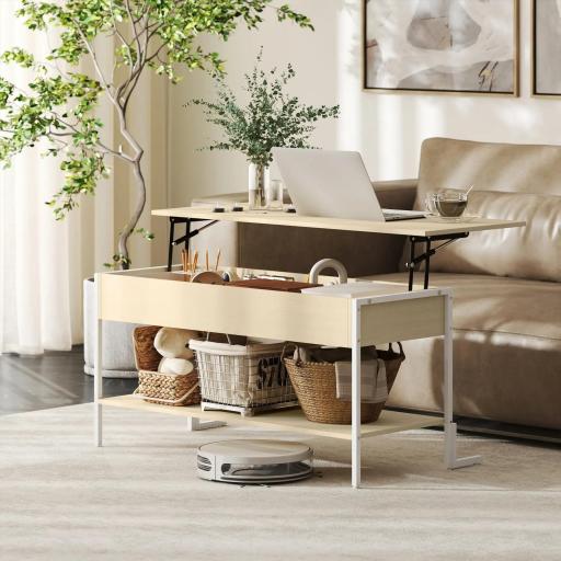 Mesa de Centro Elevable con Cierre Suave Espacio Oculto de Almacenaje y Estante Abierto 95x40x59 cm Natural y Blanco