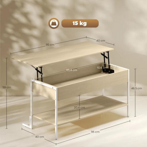 Mesa de Centro Elevable con Cierre Suave Espacio Oculto de Almacenaje y Estante Abierto 95x40x59 cm Natural y Blanco [2]